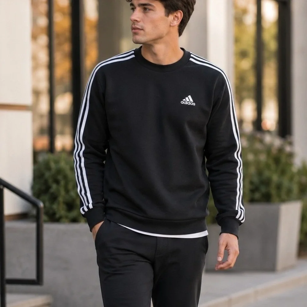 Adidas Primegreen 3-Stripe Crewneck Sweatshirt Mens Large Black Embroidered